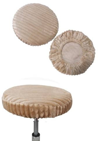 Bestenrose Hockerbezug Rund 2 Stück Plüsch gestreift Bezug für Barhocker Stuhlhussen PU Sitzkissen Bürostuhl Hocker Bezug Sitzkissenbezug für Esszimmerstühle Runder Hocker (Khaki, Medium)