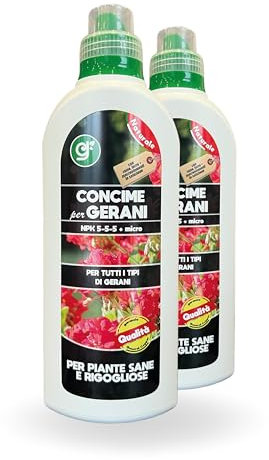 Concime Speciale per Gerani - NPK 5-5-5 con Rame e Ferro - Per Piante Sane e Rigogliose 1l