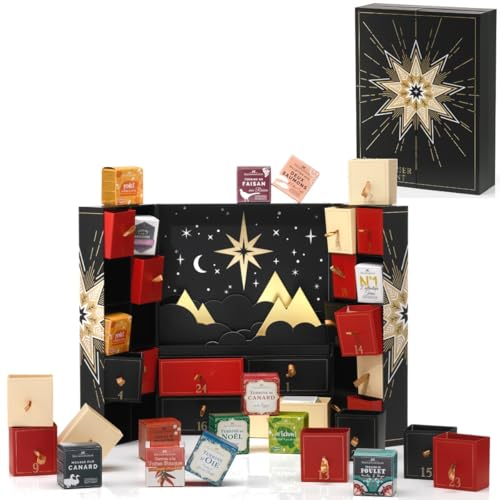 Adventskalender Feinkost Gascogne Gourmet 2025 mit Spitzen-Delikatessen aus Frankreich. Edle Spezialitäten wie Entenleber, Pate, Wild, Terrinen und Süßigkeiten. Für Genießer