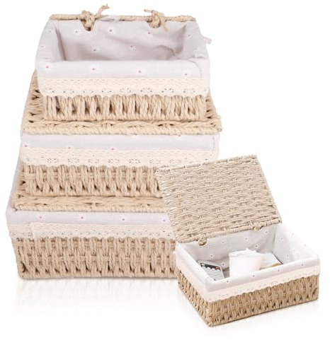 KiKiHong 3 Set Handwoven Storage Baskets With Lids,Basket With Lid,Woven Storage Basket for Toys,Cosmetics,Bathroom & Bedroom | Eco-Friendly