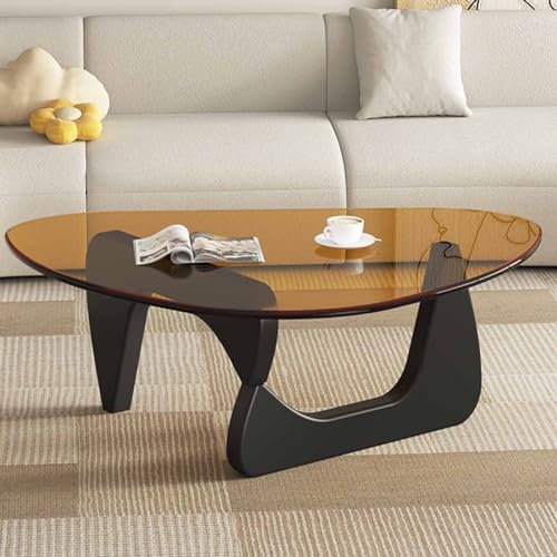 Moderna mesa de centro triangular de cristal con base de madera maciza, estilo vintage de mediados de siglo para sala de estar, patio, estudio, parte superior de cristal transparente, 83 x 57 x 40 cm