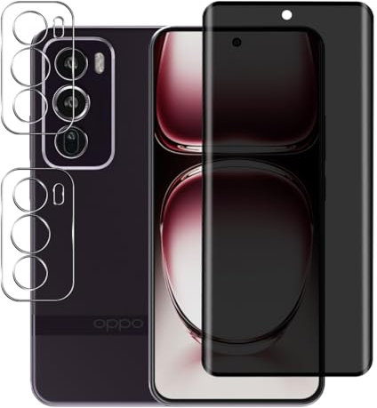 Rnnmeeko 1 Piezas Protector Pantalla Privacidad para Oppo Reno 12 Pro 5G y 2 Piezas Protector Lente Cámara, para Oppo Reno 12 Pro 5G Cristal Vidrio Templado Antiespia, Anti Arañazos, Sin Burbujas