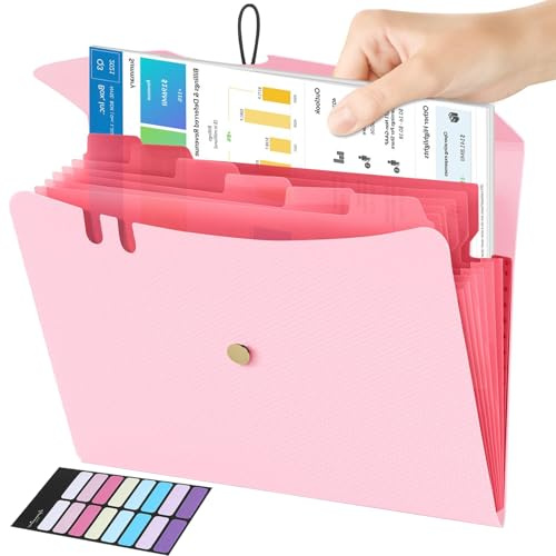 Fächermappe A4, Dokumentenmappe 7 Fächer mit Deckel, Erweiterbare Aktenordner mit Etiketten, Tragbar Mappe mit Fächern für Zuhause Büro Schule und Auf Reisen