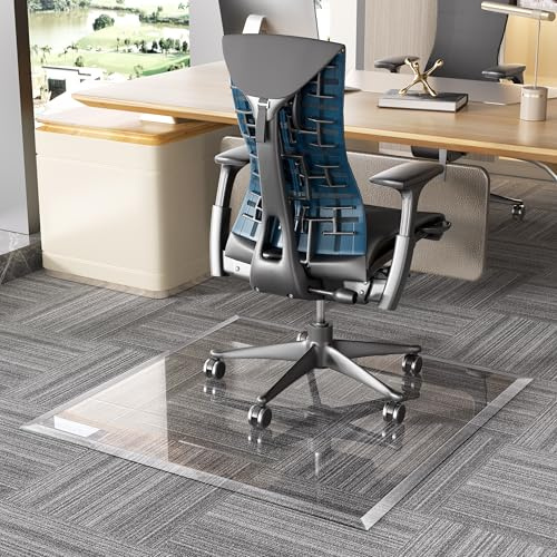 Hasipu Bürostuhlunterlage aus gehärtetem Glas 91x91cm, Transparenter Bodenschutzmatte mit Schrägkanten, Robuste Stuhlmatte für Teppich & Hartböden, Kratzfest & Anti-Rutsch
