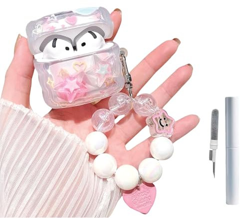 Mrltau Dolce Trasparente Custodia Protettiva per Apple Airpods 4 Custodia Estetica, con Kit di Pulizia e Ciondoli di Perle Portachiavi Braccialetto, Design Stella Rosa, Custodia Carina per