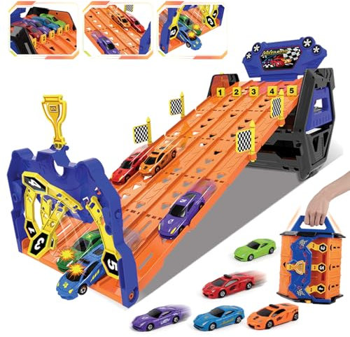 SliBoeyX 5 Track Transport Truck Toy, Portable Race Track Toy Car with 5 Race Cars and Storage Bucket, for Boys and Girls Ages 3-8