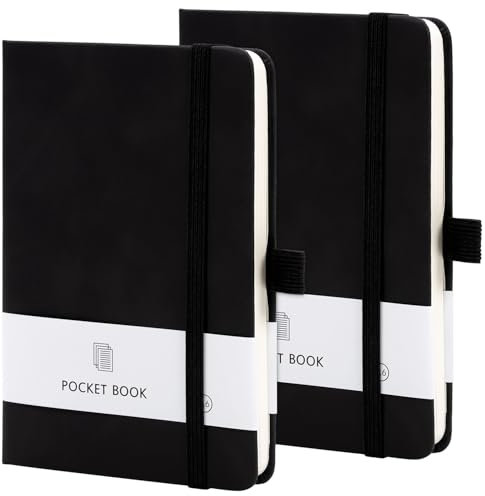 Mini Notizbuch, 2 Stück Notizheft A6, 9,5 cm x 14,5 Notitzbuch Klein, Mitstifthalter Schwarz PU Notizbuch Leder, zum Notieren Einkaufszettel, für to do Liste Block, Arbeit Notizbücher