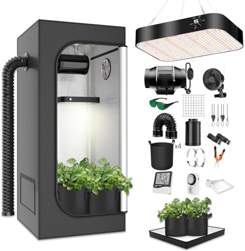 MODVKVK Growzelt Komplettset Grow Tent Kit 100x100x200cm mit 200W LED Vollspektrum Grow Lampe Dimmbar, GrowZelt Kit Komplettes Hydroponics Grow Tent Complete Set