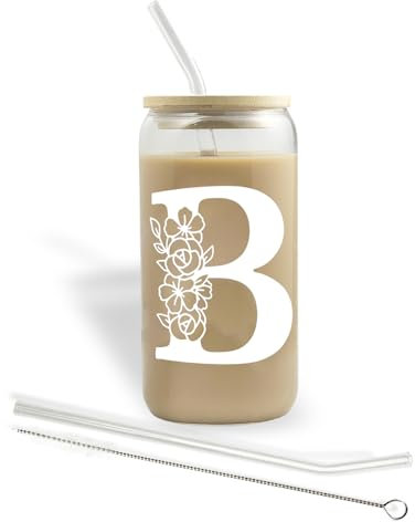 Bliceon A-Z Initial Personalised Birthday Gifts for Women, 500ml Iced Coffee Glass Cups for Mum, Friends and Sisters, Men, Dad, Iced Coffee Cup Gift with Lids and Straws (B)