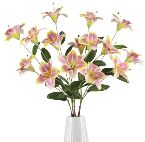 INSUNSIX Lot de 5 fleurs de lys artificielles violettes et jaunes de 86 cm à 3 têtes avec longues tiges pour grand vase, maison, bain, extérieur, fête, jardin, allée, porche, décoration (violet et