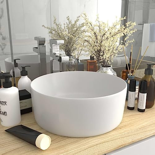 HOMTAKIE Lavabo redondo de lujo blanco mate 40x15 cm Cerámica