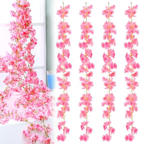 4 Pièces Guirlandes de Fleurs de Cerisier Artificielles Rose Foncé, Suspendue, 180 cm Guirlande Fleurs Artificielles Deco, Guirlande de Fleur Artificielle pour Mariage, Jardin, Miroir, Salon, Fêtes