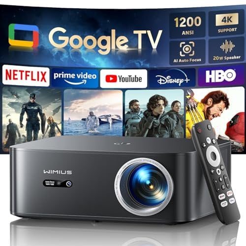 Beamer 4K Heimkino [1200 ANSI | Google TV] Offizielle Netflix-Lizenz FHD 1080P Beamer 4K Unterstützt, Autofokus Auto Trapezkorrektur 20W Smart Tageslicht Beamer WiFi6 Bluetooth Beamer Outdoor Schwarz