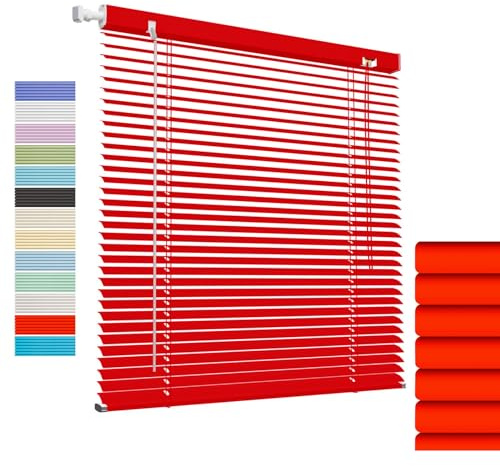 Alu Jalousie 25mm Lamellen, Jalousien Fenster Ohne Bohren für Innen, Verdunklungsrollo Nach Maß Jalousie Aluminium, Sichtschutz Blendschutz Lichtschutz Sonnenschutz Inklusive Montagematerial(Red)