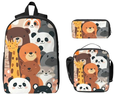 Animal Zoo Rucksack Set für Mädchen Jungen mit Lunchtasche Federmäppchen Cartoon Panda 3 Stück Schultaschen Isolierte Lunchbox Geschenke für Frauen Männer