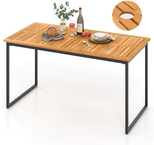KOMFOTTEU Gartentisch mit Schirmloch, Esstisch aus Akazienholz, rechteckige Tische für 6 Personen, Holztisch 140 x 70 x 70 cm, für Terrasse, Balkon, Innenhof