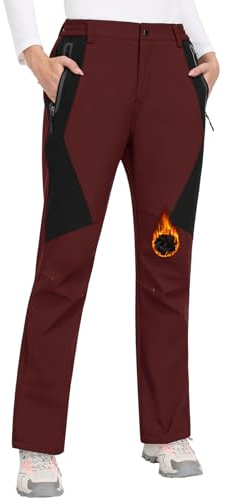 PASUDA Womens Waterproof Trousers Walking Hiking Fleece Lined Pants Winter Thermal Windproof Softshell Fishing Ski Snow Outdoor Pant Ladies Overtrousers with Zipper Pockets(Wine red,S)