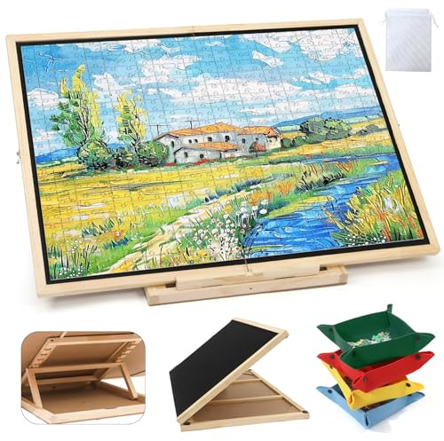 Wdmiya 1500 Stück Faltbarer Drehbarer Puzzlebrett mit 4 Sortierfächern | 91x66CM Kippbares Holz-Puzzletisch für Erwachsene & Kinder, Tragbares Puzzle Borad mit Winkeleinstellungen