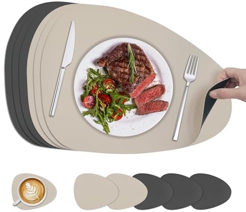 KitchenBoss Platzsets Abwaschbar und Untersetzer：6 Set Tischsets Abwaschbar Platzdeckchen Doppelseitigen Für den Einsatz in Küchen, Esszimmern und Büros，Anthrazitgrau + Beige, 40x30cm