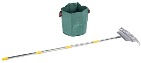 Riuulity Extendable Garden Rake with Metal Spikes, Heavy Duty Leaf Collecting Tool for Lawns and Gardens, 25 Heavy Duty Spikes
