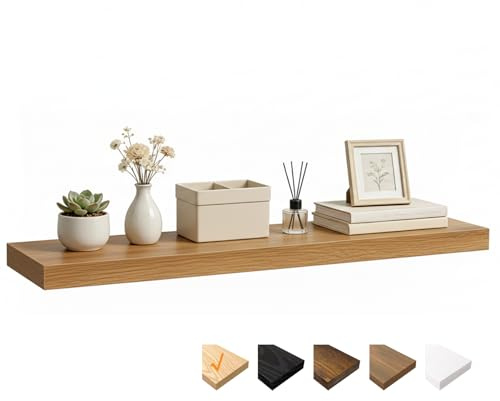 RICHER HOUSE Eiche Wandregale,100 x 23,5 x 3,8cm Wandboard MDF Holz 1er-Set | Holzregal Wand mit unsichtbaren Halterungen, Schweberegal für Schlafzimmer, Wohnzimmer, Badezimmer, Küche, Waschküche, Büro