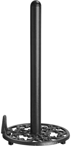 Mifoci Black Paper Towel Holder Countertop Cast Iron Standing Paper Roll Holder with Anti Slip Weighted Base Farmhouse Tissue Towel Stand for Kitchen Counter Fits Standard Large Size Tissue (Round)