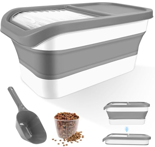 Conteneur Croquettes Chien avec Couvercle, Cuillère et Tasse à Mesurer, Seau de Stockage Nourriture Pliable, Boîte à Croquette pour Chat, Bac Hermétique pour Rangement Grains, Riz, Friandises Animaux