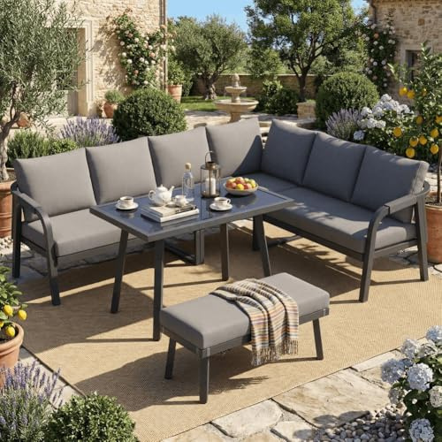 Merax Gartenmöbel Set für 8 Personen, Gartenlounge Ecksofa mit Esstisch & Bank, Outdoor Sitzgruppe mit Glasplatte, geflochtene Arm- & Rückenlehnen, verzinkter Stahlrahmen, Grau