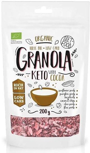 DIET-FOOD Bio Granola mit Keto Cacao Reich an Pflanzlichen Fetten Glutenfreies Granola Frühstück Müsli Low Carb Non-GMO Snack Ohne Zuckerzusatz 200g 1er Pack