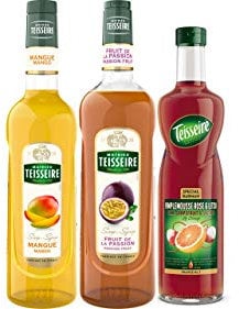 Lot de 3 sirops Mathieu Teisseire - Mangue, Fruits de la passion, Pamplemousse rose et litchi, pour boissons, rafraîchissements, cocktails, cafés et desserts, bouteilles de 70cl et 1L.