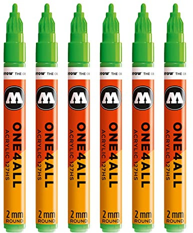 Molotow One4All 127HS Acryl Marker (2,0 mm Strichstärke, hochdeckend und permanent, UV-beständig, für fast alle Untergründe) 6 Stück Farbe 219 neongrün floureszierend