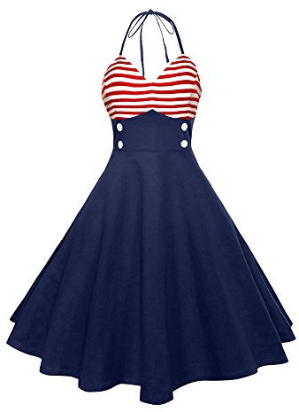 Sunenjoy Vintage 1950's Audrey Hepburn pin-up Robe de Soirée Cocktail Style Halter Années 50 Mode Femmes Dames Robe de Fête Lâche Impression de Drapeau Bal de Robe Swing