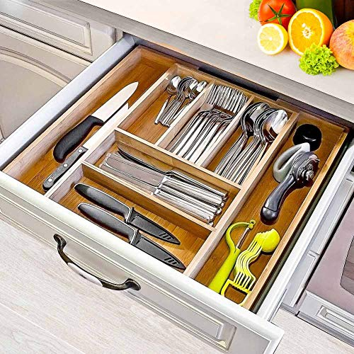 BAKAJI Vassoio Portaposate da Cassetto Estendibile per Cucina in Legno di bambù con 5 Scomparti Porta Posate + 2 a Scomparsa Colore Bamboo Naturale Salvaspazio (46 x 30 x 5 cm)