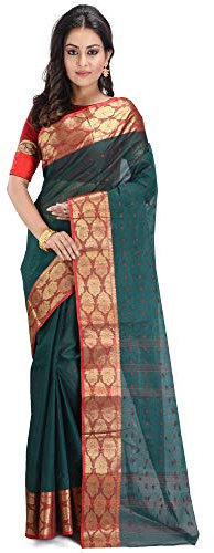 Raj Saree House Sari traditionnel bengali en pur coton pour femme - Sans chemisier (vert bouteille), Vert bouteille, 5.5 Meters