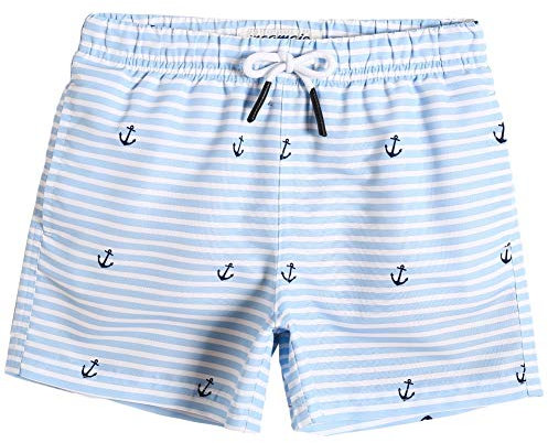 MaaMgic Kleine Jungen Badeshorts Schnelltrocknend Boardshorts mit Mesh-Futter Taschen und Verstellbarem Tunnelzug MEHRWEG, Blau Weiß Anker, 3 Jahre