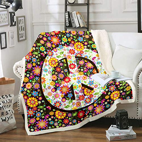 Peace Art Decke für Sofa Couch Bett Peace Sign Artwork Fleece Wohndecke Blumenblumen Kuscheldecke Raumdekor Botanical Nature Plüsch Flanell Fleecedecke 150x200cm Couchdecke