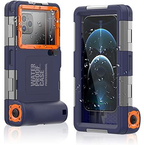 Shellbox Case 2. Generation [15 m/50 ft] Tauch-Schnorchel-Hülle für alle Samsung-iPhone-Serien, IP68-zertifiziert, wasserdichte Handyhülle, Foto-Video, Schwimmen, Schnorcheln (blau-orange)