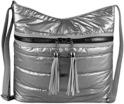 OBC Damen Tasche Shopper Schultertasche Umhängetasche Nylontasche Crossover Crossbody Beuteltasche Handtasche City Bag Reise Silber