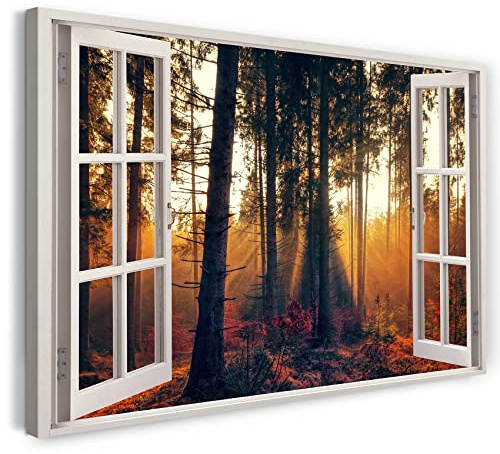 Print on Canvas (60x40 cm) view from the window - colorful forest nature sun fog leaves - nature photography, real wood frame with hook