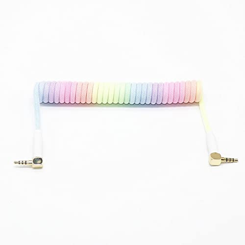 Angitu 3.5mm TRRS to TRRS Spring Coiled Cable for Split Mechanical Keyboard RODE Sc7 by VIDEOMIC GO Video Micro-Type Mics Audio Cord Angle Cables (90 to 90trrs Coil 17CM Rainbow+White)