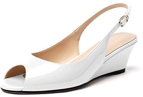 Elashe Damen Pumps Keilabsatz Peep-Toes Mid Heels Slingback Schuhe Weiß EU40