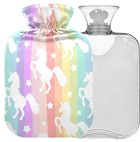 Naanle Stern Regenbogen Einhorn Wärmflasche mit Bezug Transparente Warmwasserflasche 1L Wärmbeutel zur Schmerzlinderung Periode Handwärmer Wärme- und Kältetherapie