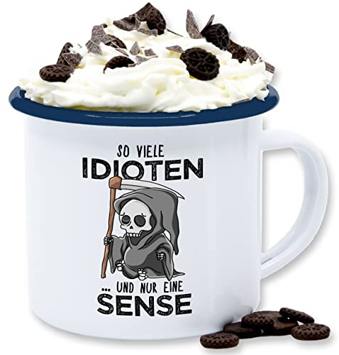 Emaille Tasse Blechtasse - Statement Sprüche - So viele Idioten und nur eine Sense - Schwarz - 300 ml - Weiß Blau - böse tassen mit spruch sarkasmus sensenmann kaffeetasse freche spruechen
