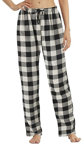 1-2 Pack Damen Plaid Pyjamahose Fleece Kariert Pjs Hosen Weiche Kordelzug Lounge Nachtwäsche für Damen, Grau-schwarzes Karomuster (eine Packung), 36