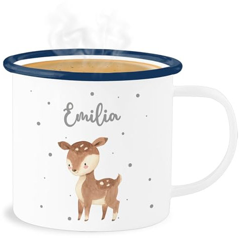 Emaille Becher Blechbecher - Süßes Reh mit Namen personalisiert I - 300 ml - Weiß Blau - rehkitz name tasse tier waldtiere metalltasse tiere tiermotiv metallbecher tieren kindergarten