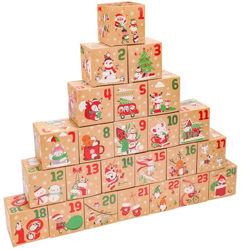 HOWAF 24 Adventskalender zum Befüllen Schachteln 1-24 Adventskalender Boxen Weihnachten Geschenke Boxen Weihnachten Kraftpapier Süßigkeitskästen Weihnachts Boxen Adventskalender Favors Decorations