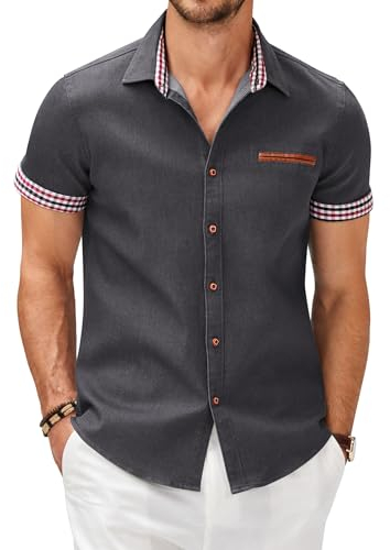 COOFANDY Mens Shirts Short Sleeve Smart Casual Non Iron Formal Shirt Denim Work Plaid Collar Plain Shirt Summer Button Down Shirts Gray L
