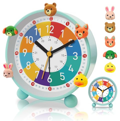 PIXESTT Wecker Kinder, Kinderwecker für Schulanfänge, Kein Tickendes Geräusch, Mit Nachtlicht und Schlummerfunktion, Mit 5 Wecker-Dekoration, Geeignet für Das Lernen, Schlaf-Weck-Aufwachen