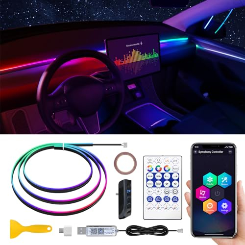 Tesla Model 3/Y Dreamcolor Acrylic Interior Car LED Strip Light with USB Hub, 55.1 inches Fiber Optic Tesla Ambient Lighting Kits, RGB+IC Colors Sound Active Function Neon LED Strip for 2021 2022 2023