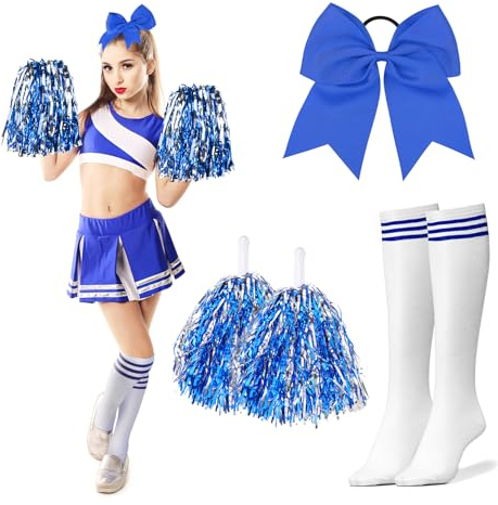 DPKOW Damen Cheerleader Kostüm Zubehör, Mädchen Cheerleader Kostüm Karneval Kölle Damen Mädchen Football Kostüm Zubehör Cheerleader Pompons Blau Schleifen Haargummis Strümpfe Damen Halloween Zubehör